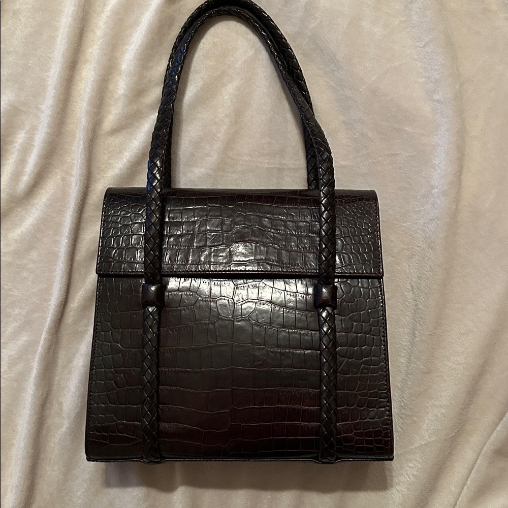 Bally Brown Croc Embossed Leather Flap Shoulder Hand Bag- Amazing! - Picture 2 of 11